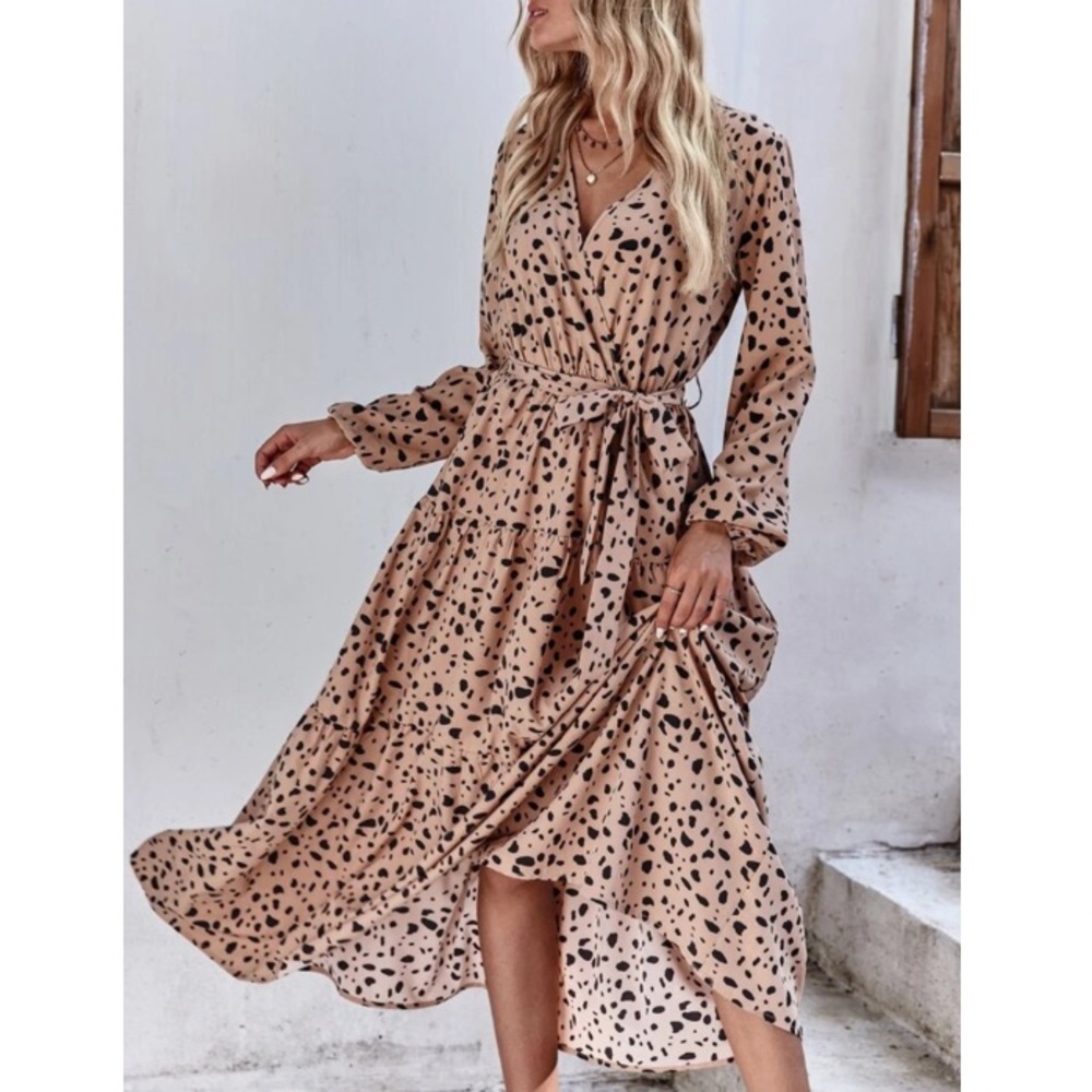 Boho gypsy dalmatian print surplice belted wrap maxi dress